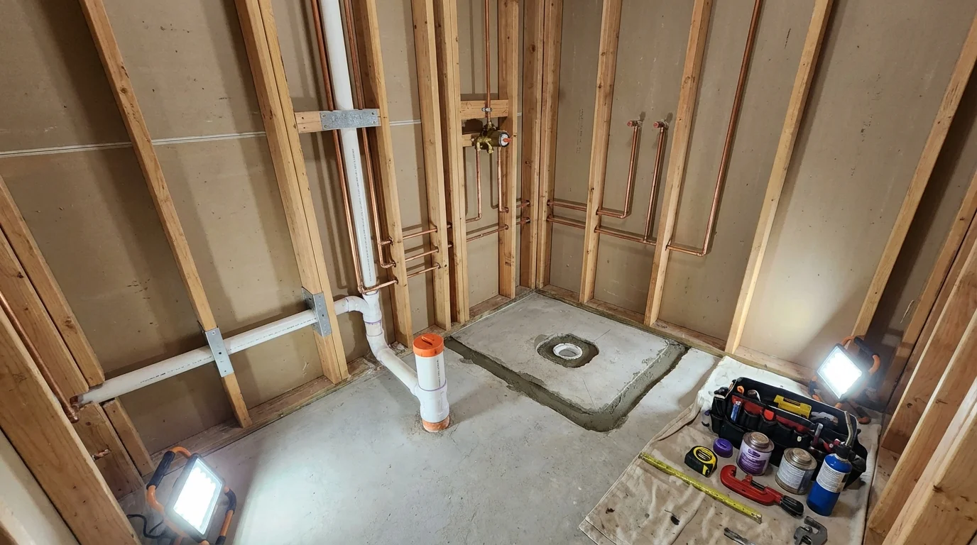 Bathroom rough-in plumbing during remodel by Johns Plumbing LLC in Patrick Springs