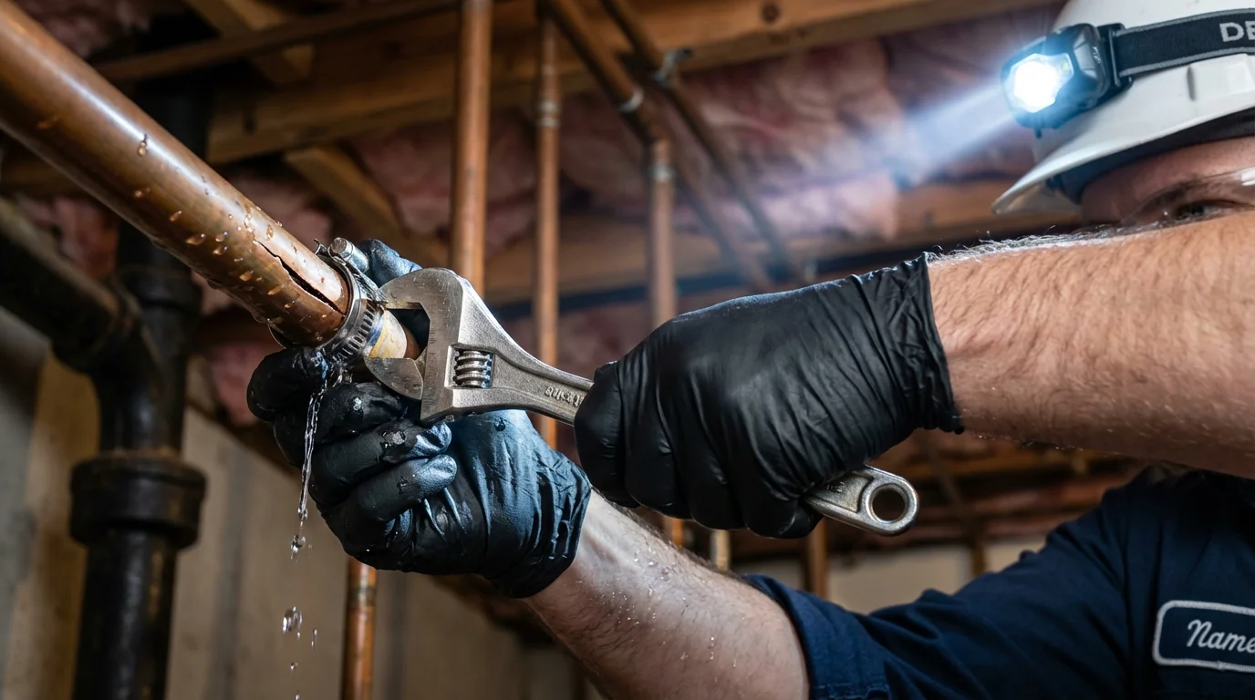 Emergency pipe clamp repair being performed by a Johns Plumbing LLC plumber in Patrick Springs