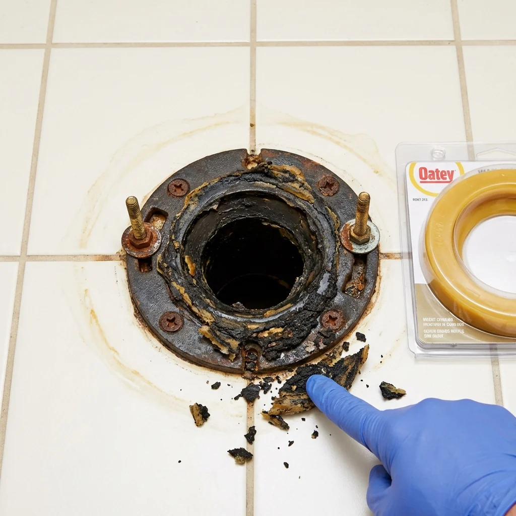 Failed wax ring showing water seepage at the base of a toilet in a Patrick Springs, VA home
