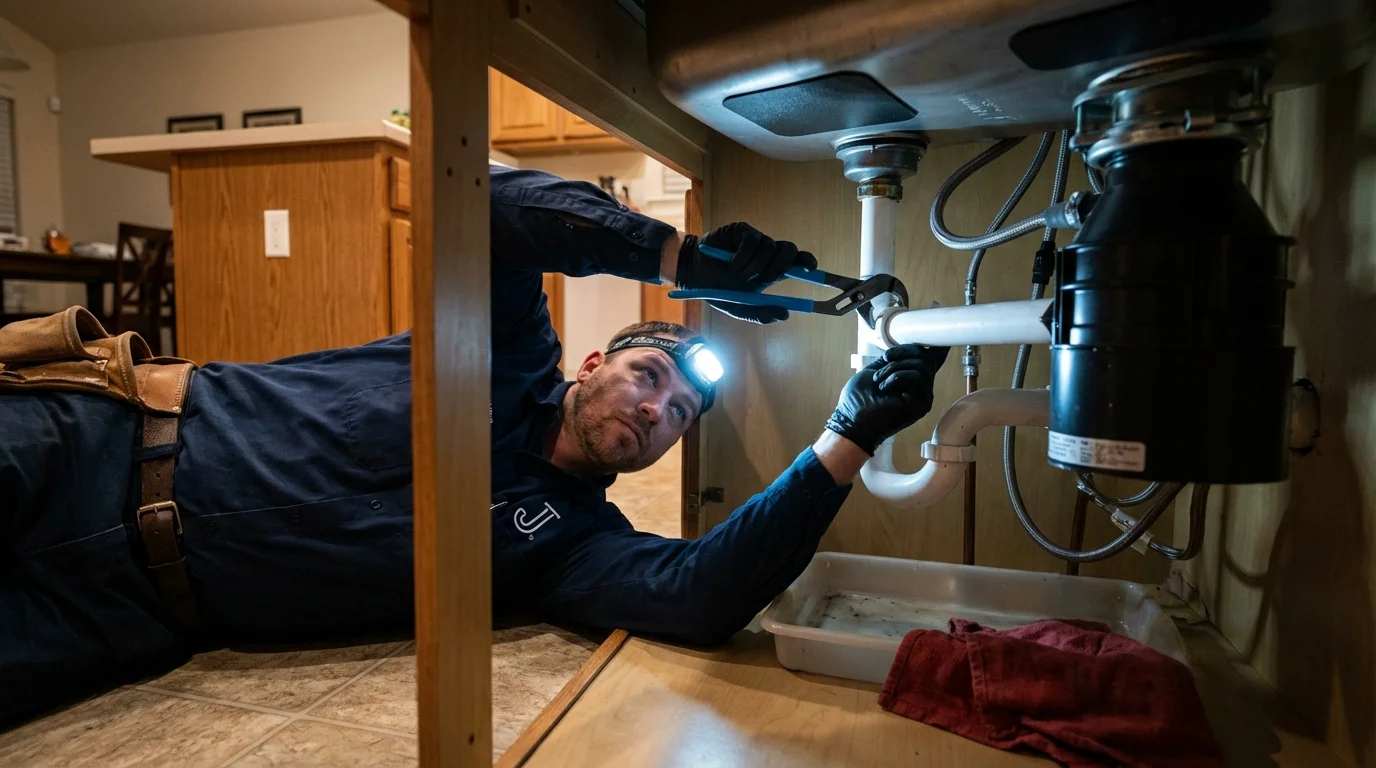 P-trap and supply line connections under a kitchen sink showing a common leak point in Patrick Springs, VA